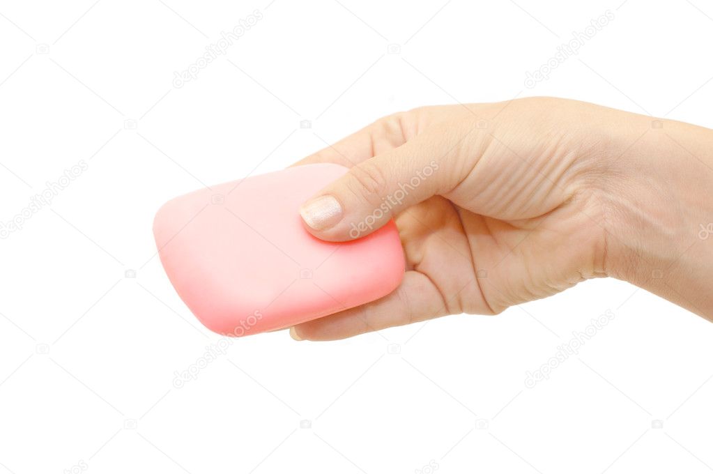 Soap in hand isolated on white background