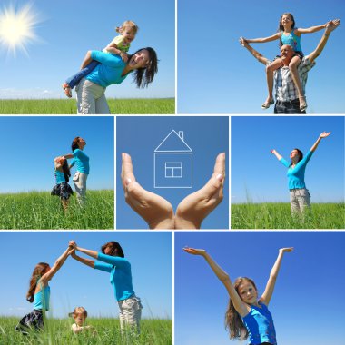 Happy family outdoor in summer - collage clipart