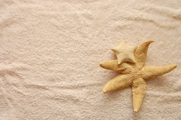Two starfishes on colorful beach towel — Stock Photo, Image
