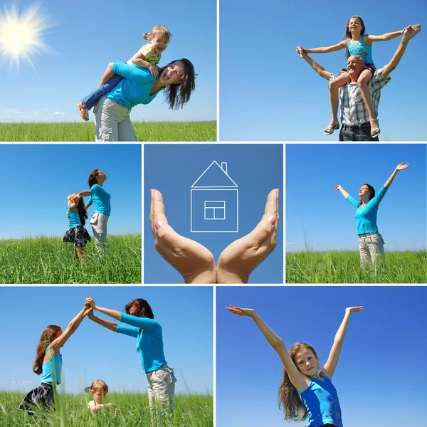 Família feliz ao ar livre no verão - colagem — Fotografia de Stock