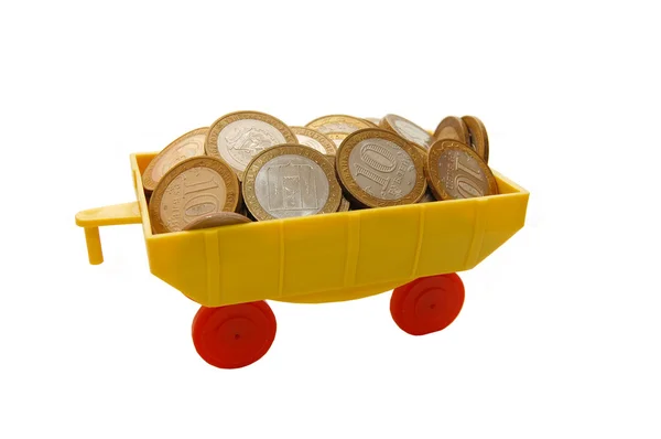 Hračka vlak nošení mincí na bílé — Stock fotografie