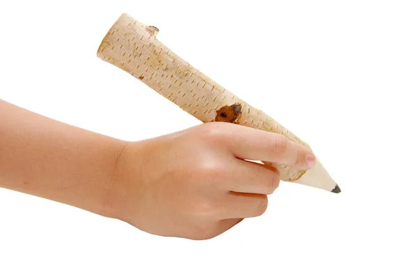 Lápis muito grande na mão da mulher — Fotografia de Stock