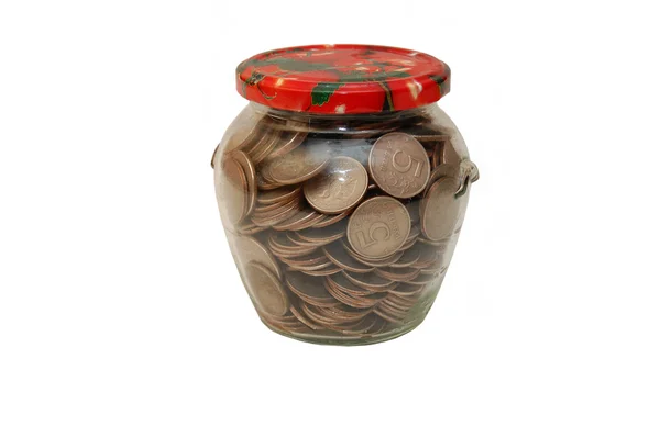 Quart jar full of coins, pennies,nickels — Stock Photo, Image