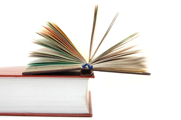 Malé otevřené knihy si klade na velké učebnice — Stock fotografie