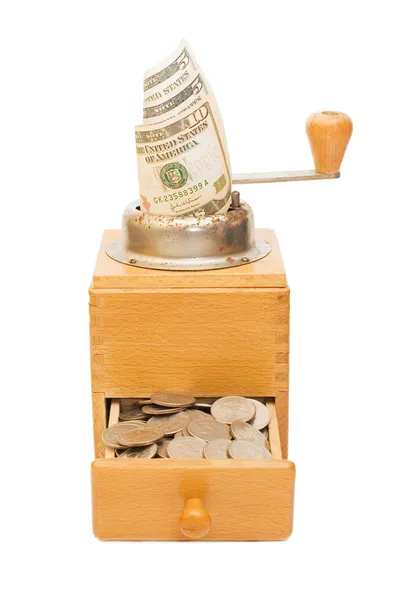 Öreg kávédaráló pénzzel, fehér — Stock Fotó