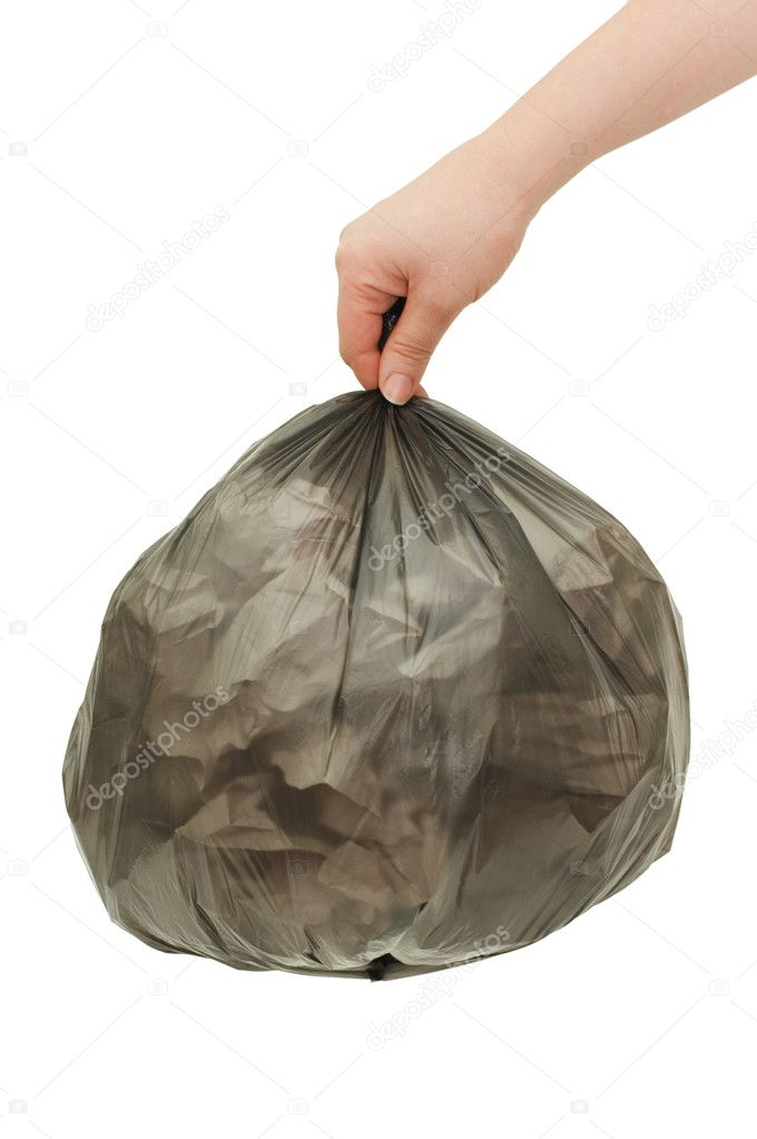 Black garbage bag In a female hand