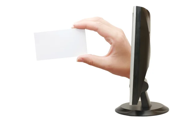 Tela do computador e mão com cartão — Fotografia de Stock