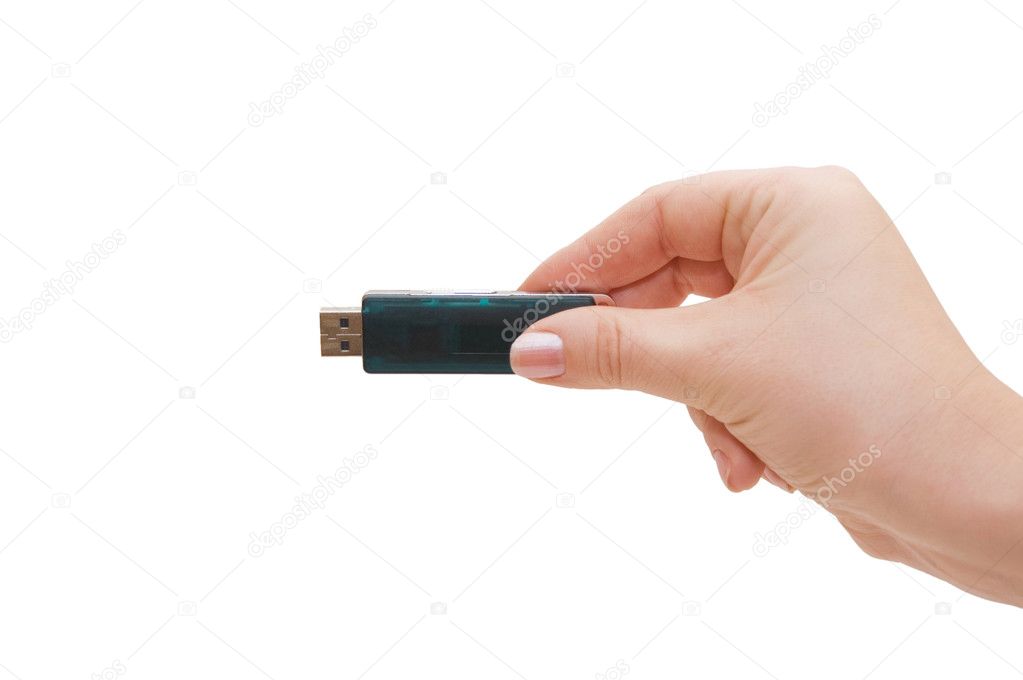 Flash drive in hand isolated on white