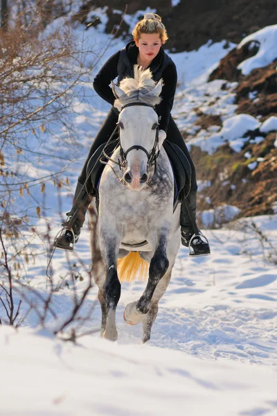 Flicka på vita dressyrhäst i vinter f — Stockfoto