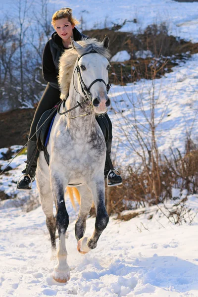 Flicka på vita dressyrhäst i vinter — Stockfoto