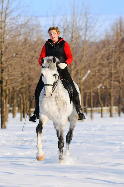 Fille sur cheval de dressage blanc en hiver — Photo