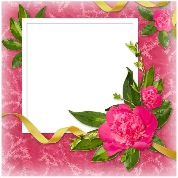 Bílý rámeček s kytičkou a hadr na th — Stock fotografie