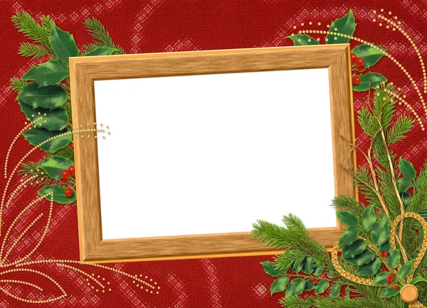 Wooden frame with spruce branches on the — Stock Photo, Image