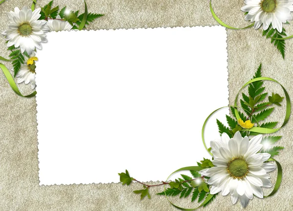 Cadre blanc avec fleurs et rubans — Photo