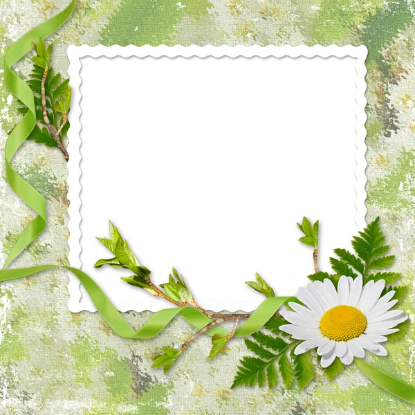 Marco blanco con cinta y flor — Foto de Stock