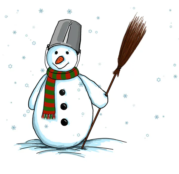 Hóembert whith egy seprűt és hópelyhek — Stock Fotó