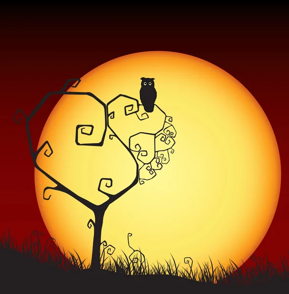 Gruselige Valentinskarte, Baum, Eule, Sonnenuntergang — Stockvektor