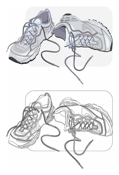 Vector de color e imágenes de línea de arte de las zapatillas de deporte antiguas . — Vector de stock