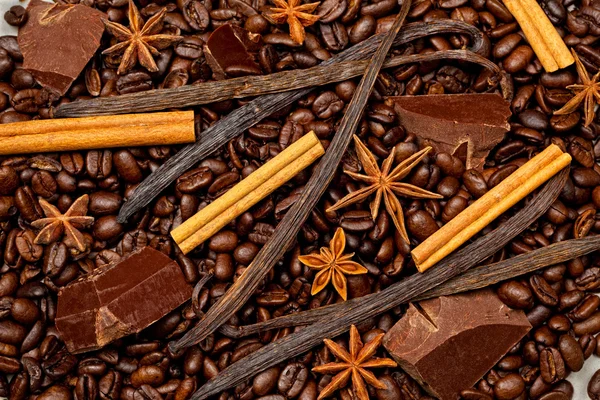 Coffee, chocolate and sweet spices — Stock Photo, Image