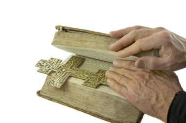 Male hand closed the vintage bible clipart