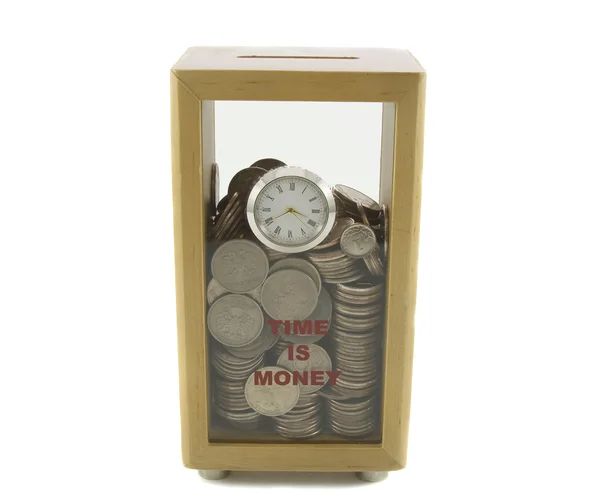 Caja de monedas con reloj —  Fotos de Stock