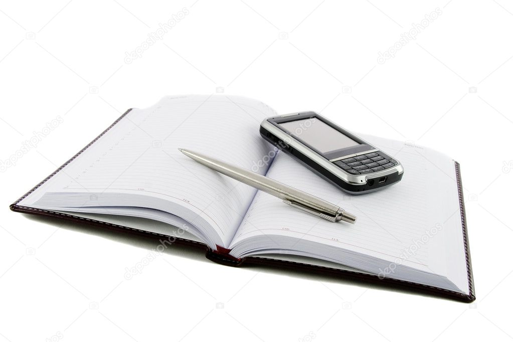 Notebook, pen and mobile phone