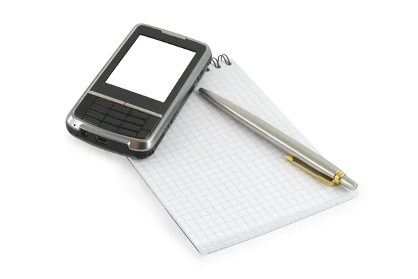 Cuaderno, bolígrafo y teléfono móvil — Foto de Stock