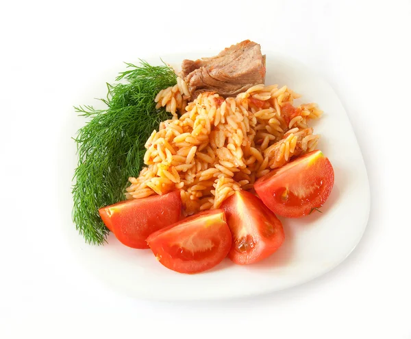 stock image Plate of food, pasta with tomato, dill