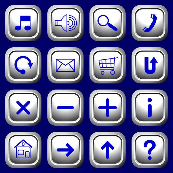 Čtvercová tlačítka s modrými symboly. — Stockový vektor