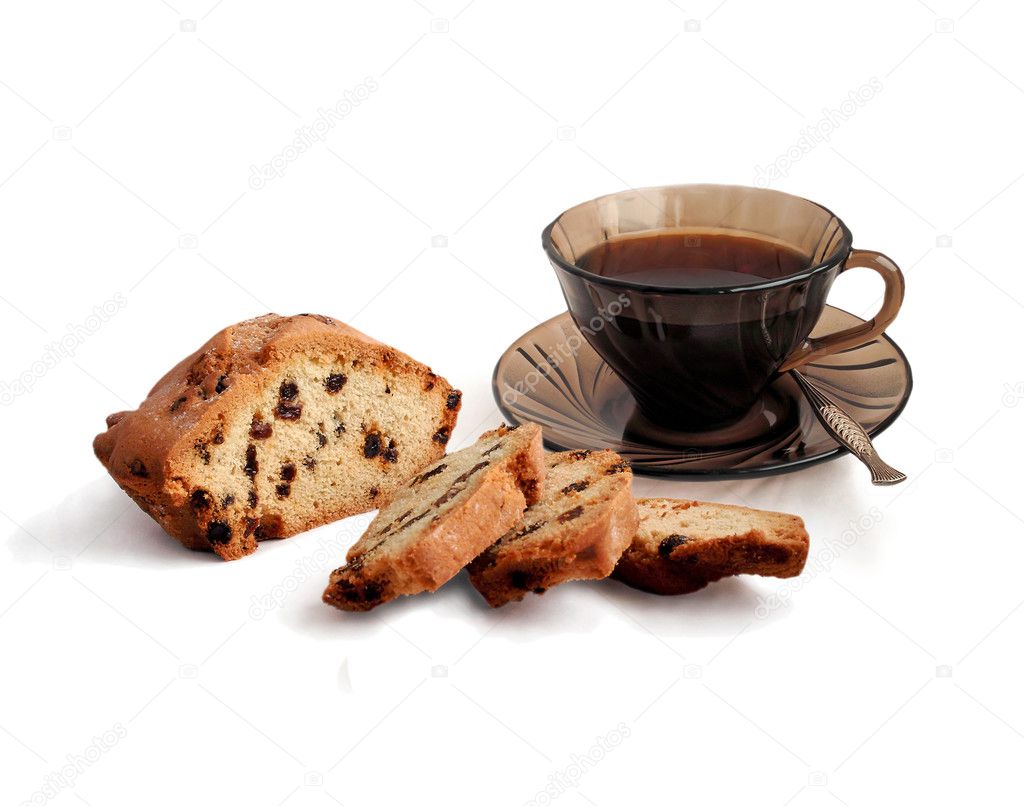 Cup of coffee and cake with raisins.
