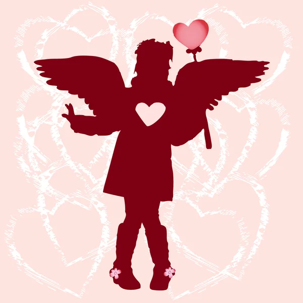 Flicka siluett med hjärtan och vingar — Stock vektor