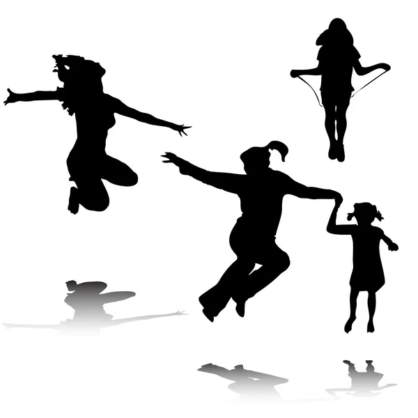 快乐的女人和孩子们跳起来 — 图库矢量图片