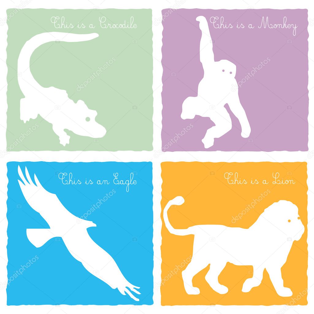 4 wild animals on colored background