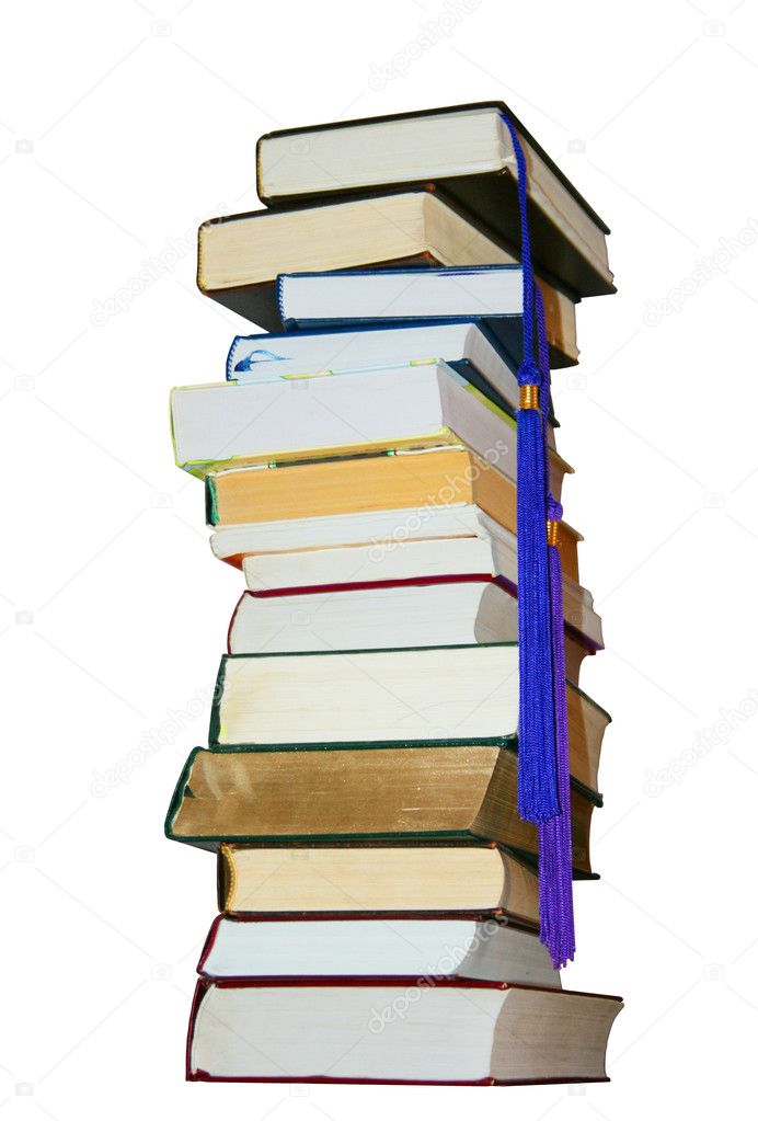 Pile of old books on white background