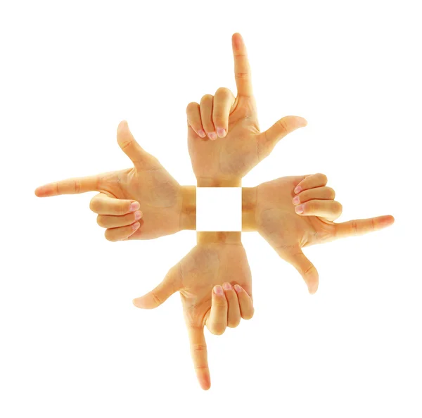 Χέρια δείχνουν τέσσερις διαφορετικές πλευρές — Φωτογραφία Αρχείου