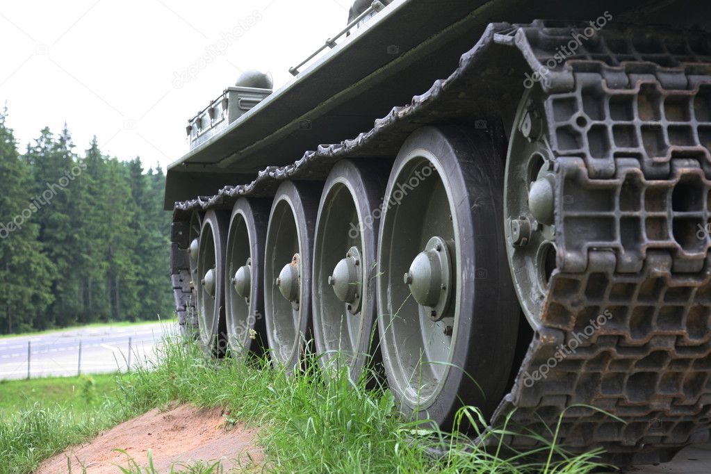 Heavy tank track close-up of wheels