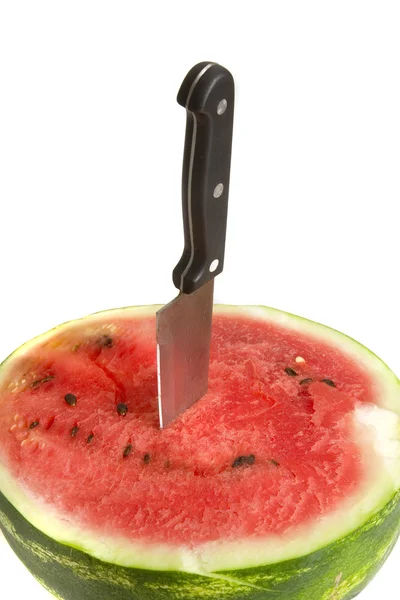 Half of juicy watermelon with knife — Stock Photo, Image