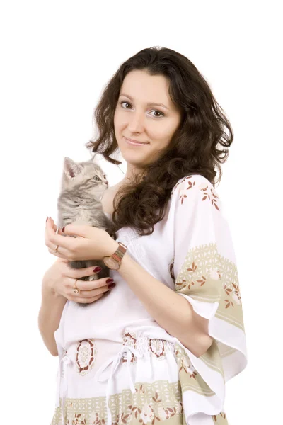 Young women with gray kitten — Stock Photo, Image