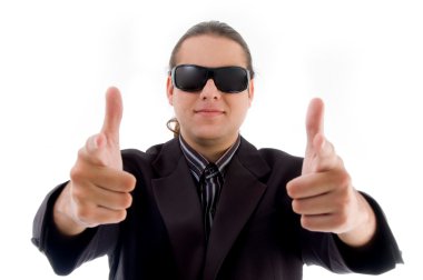 Young businessman showing thumbs up clipart