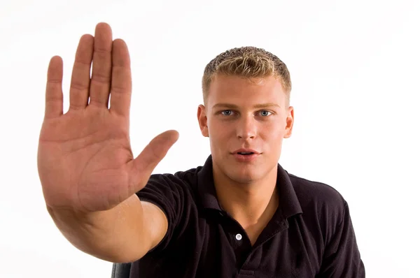 Mosolygó férfi találat stop gesztus — Stock Fotó