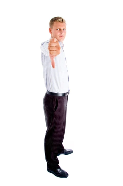 Stojící muž ukazuje palec dolů — Stock fotografie