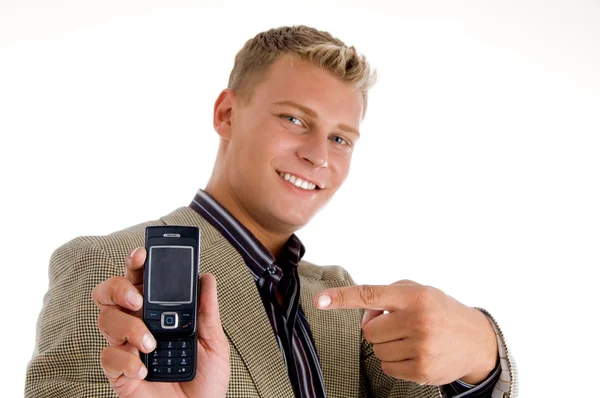 Caucasiano apontando para celular — Fotografia de Stock