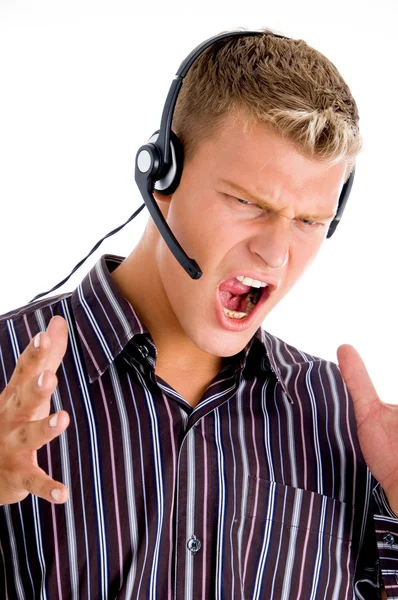 Frustrovaný call centra zaměstnanec — Stock fotografie