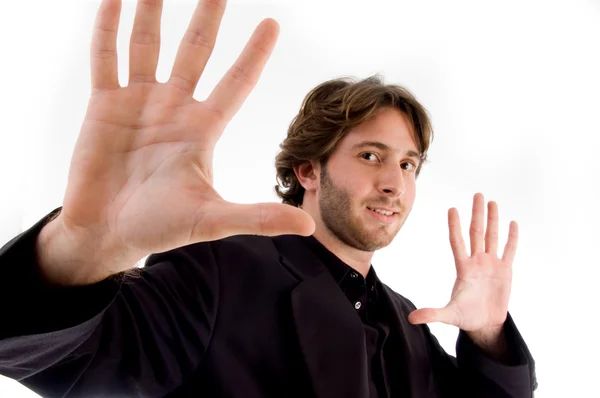 Portrét člověka ukazuje dlaně — Stock fotografie