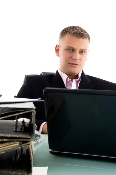 Businessman with laptop and files — Stock Photo, Image