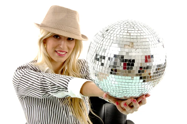 Smiling woman showing disco ball — Stock Photo, Image