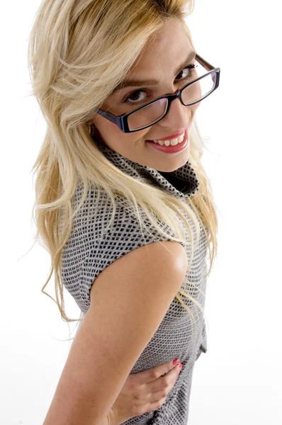 Glad kvinna bär skyddsglasögon — Stockfoto