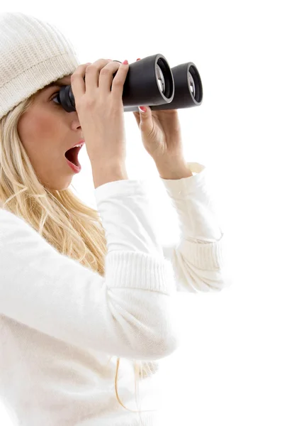 Amazed woman with binoculars — Stock Photo, Image