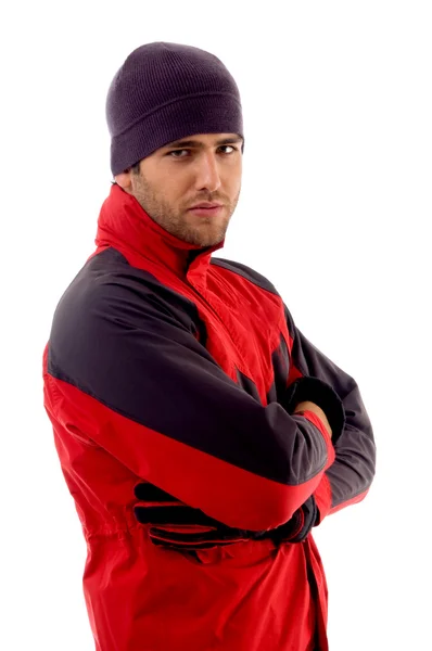 英俊的男人身穿红色冬季外套 — 图库照片