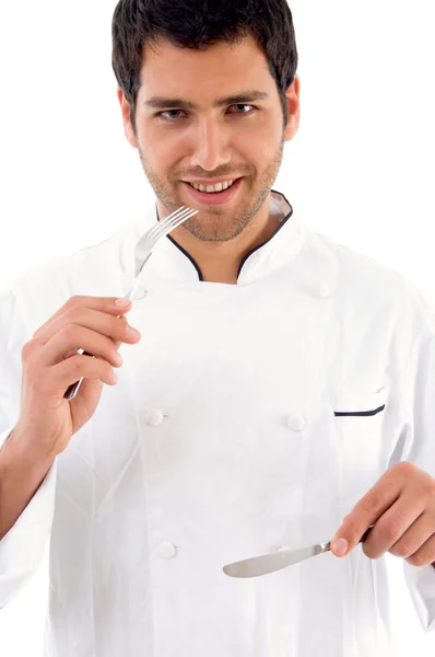 Chef macho mostrando etiqueta de comer — Foto de Stock